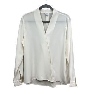 CUYANA Womens Silk Wrap Blouse V Neck Long Sleeve 2 Button Cuff Off White Sz MD